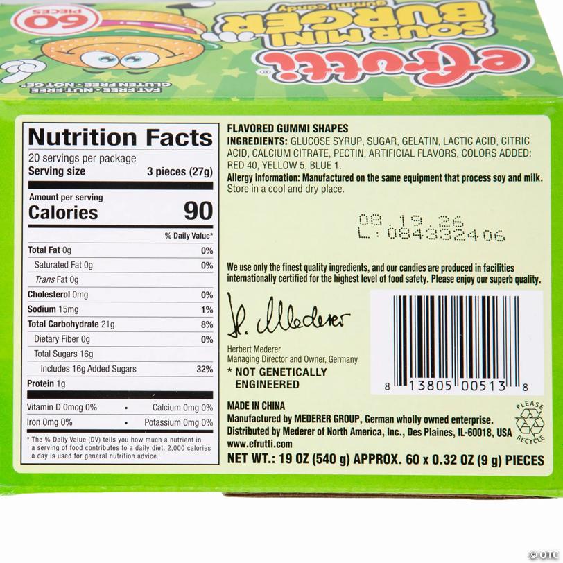 21 oz. Efrutti® Mini Burger Sour Gummy Candy – 60 Pc. - Soft & Chewy Candy OTC wholesale supplier Aonecostumer