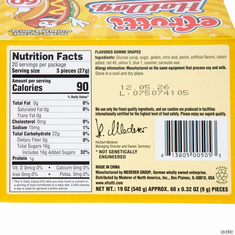 Efrutti® Hot Dog Gummi Candy - 60 Pc. - Novelty Candy OTC wholesale supplier Aonecostumer