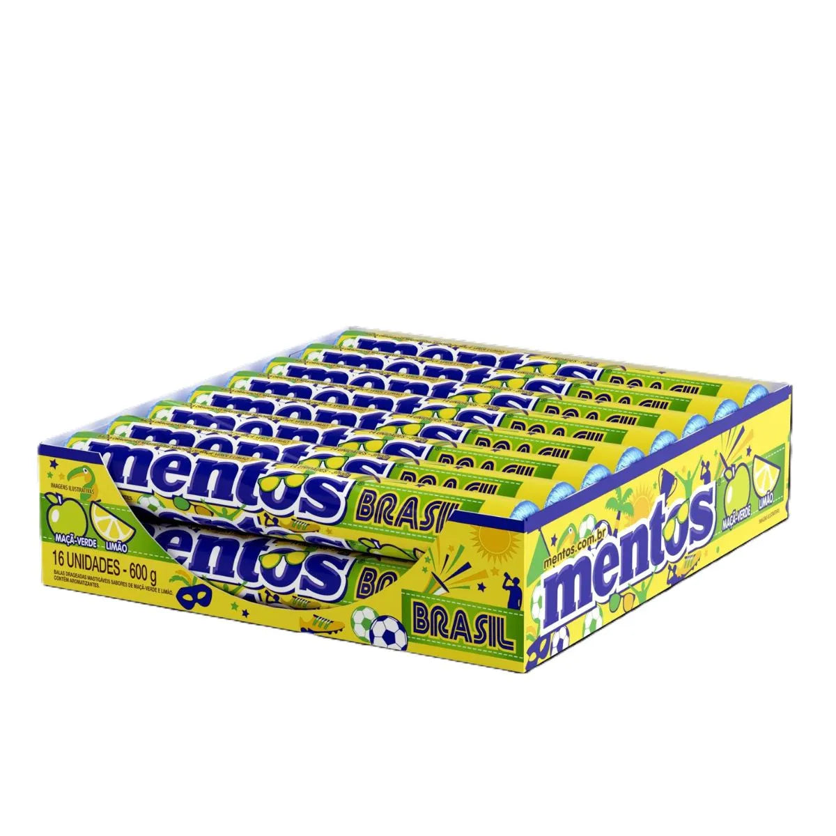 Mentos Brasil Green Apple & Lemon Chewy Candy Rolls - 16 Roll Box (14 Pieces Each, 37.5g) Imported Brazilian Candy