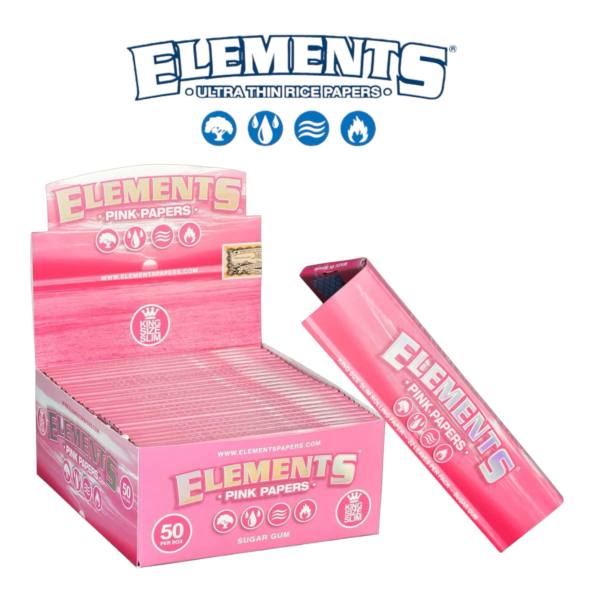 Elements Rolling Paper Pink King Slim - 50ct - Rolling Papers Elements wholesale supplier Aonecostumer